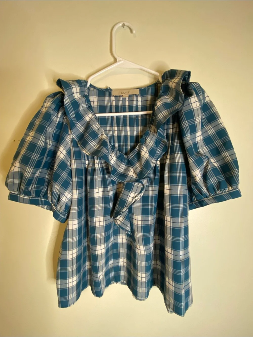 LOFT Teal and White Plaid Ruffle V-Neck Puff Sleeve Blouse